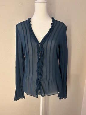 EUC Vintage ICE Women’s 100% Silk Ruffle Button Down Blue Blouse